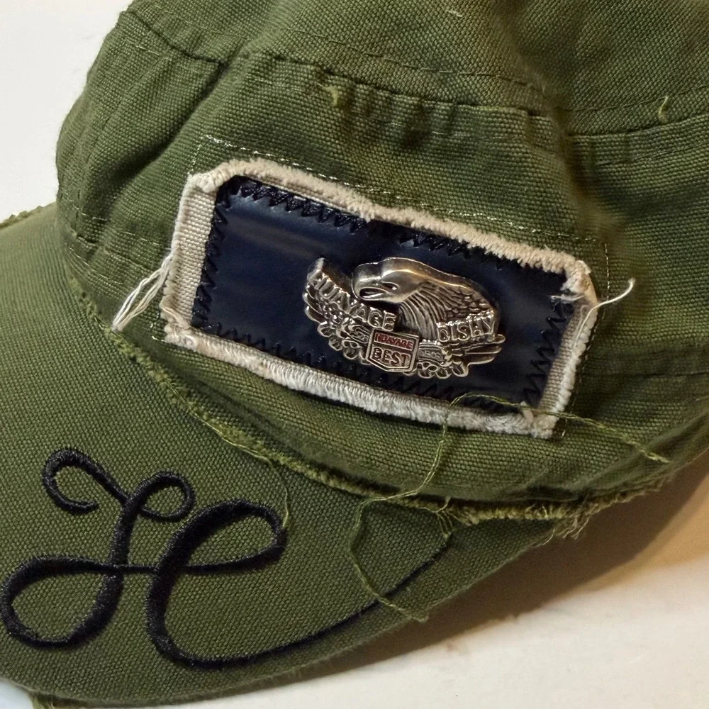 Vintage Harley Davidson Military Cadet Hat Green Distressed
